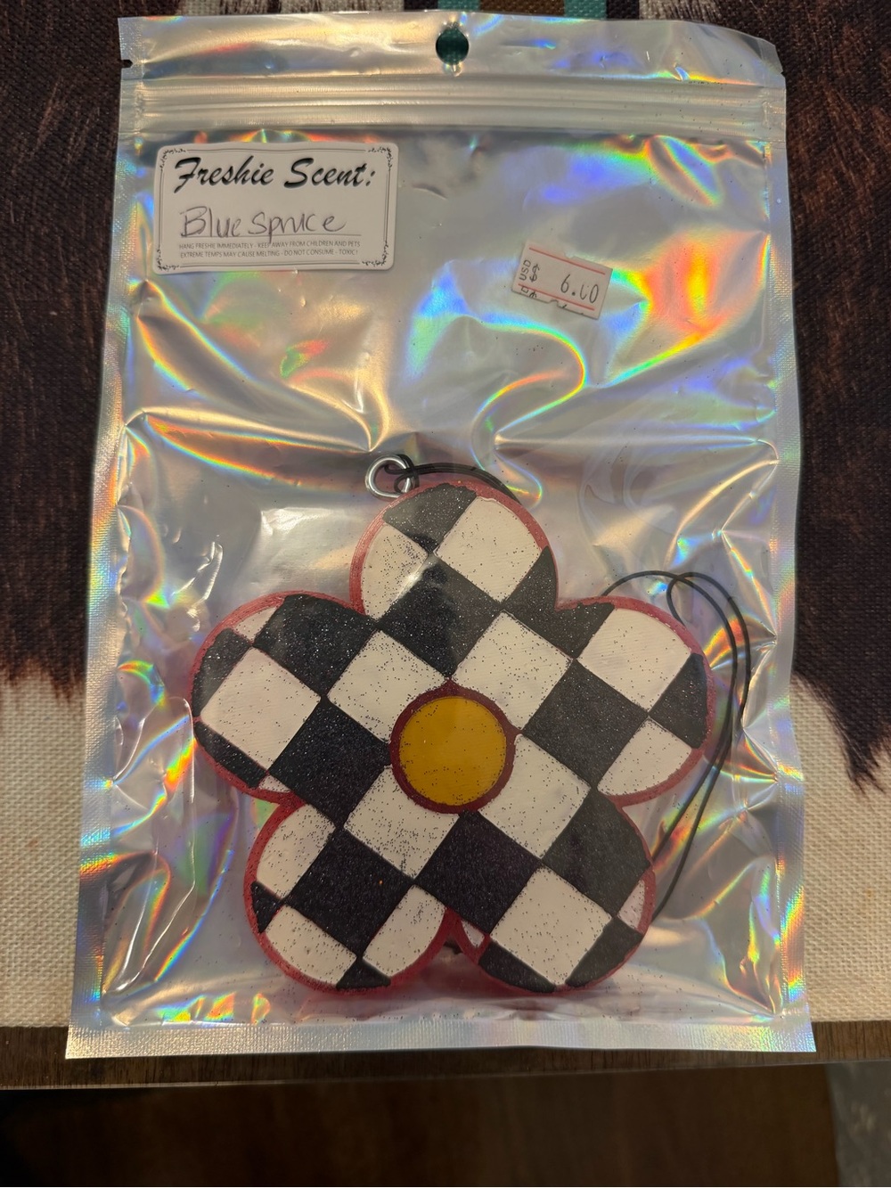 Checkerboard Flower Air Freshener - Yellow Center, Black & White Petals